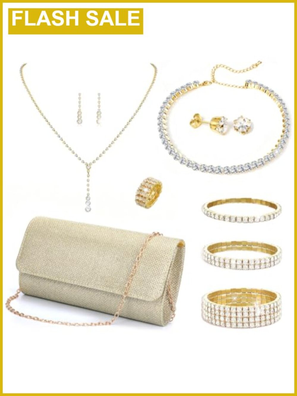 11Pc Rhinestone Jewelry Set with Clutch Purse, Choker Necklace, Bracelets,